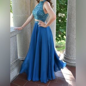Sherri Hill Beautiful Blue Two Piece Dress with Jeweled Top & Long Flowy Bottom